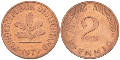 ФРГ 2 ПФЕННИГА 1979 F KM 106a, J.381a сталь плакированная сталь плакированная медьюю 3996-1117