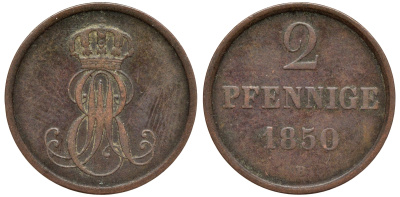 Ганновер 2 пфеннига 1850 B, Эрнст Август (1837-1851) KM 202.1, AKS 124, J. 75 медь 75-1936
