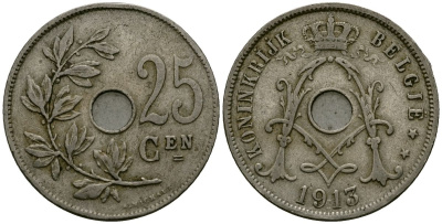 Бельгия 25 сантимов 1913 Belgie KM 69 медно-никель 4165-733