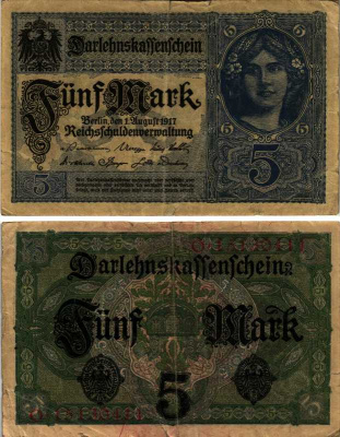 ГЕРМАНИЯ 5 МАРОК 1917 1 АВГУСТА 1917, 8 ЦИФР В НОМЕРЕ Pick 56b бумага 7487-7-1