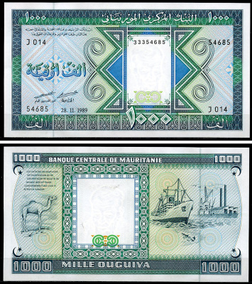 Мавритания 1000 угуйя 1989 верблюд, траулер, фабрика Pick 7A  бумага  UNC (пресс) 448-60-1