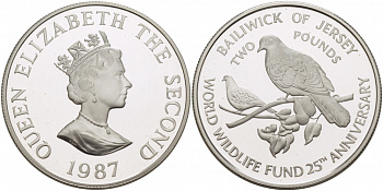 Джерси 2 фунта 1987 серия 25 лет защиты окружающей среды, голуби KM 70a серебро PROOF 1068-6-32