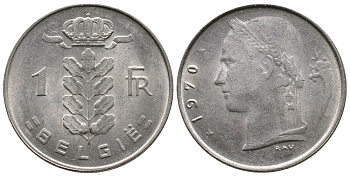 БЕЛЬГИЯ 1 ФРАНК 1970 BELGIE KM 143.1 медно-никель 4382-1141