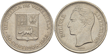 Венесуэла 50 сентимо 1965 Симон Боливар KM 41, Schon 51 никель 66-342