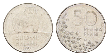 Финляндия 50 пенни 1993 M, полярный медведь KM 66 медно-никель 4647-368