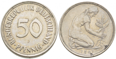 ФРГ 50 ПФЕННИГОВ 1967 J KM 109.1, J. 384 медно-никель 4396-1663