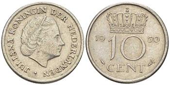 НИДЕРЛАНДЫ 10 ЦЕНТОВ 1950 ЮЛИАНА (1948-1980) KM 182 никель 214-1138
