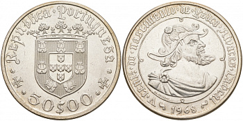 ПОРТУГАЛИЯ 50 ЭСКУДО 1968 500 ЛЕТ ПЕДРО АЛЬВАРЕСУ, НАВИГАТОРУ, ПЕРВООТКРЫВАТЕЛЮ БРАЗИЛИИ KM 593 серебро UNC 4537-1031