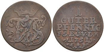 Саксен-Веймар-Эйзенах 1 пфенниг 1751 Фридрих III Гота-Альтенбургский (1749-1755) KM 2, Koppe 515, Slg. Merseburger 4121 медь 4383-463
