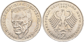 ФРГ 2 марки 1990 F, Курт Шумахер, 30 лет Федеративной Республике (1949-1979) KM 149, J. 424 медно-никель 4139-135