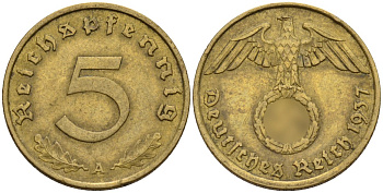Германия 5 рейхспфеннигов 1937 A KM 91, J. 363 алюминиевая бронза 4151-741