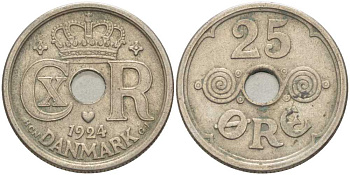 Дания 25 эре 1924 NCN; GJ Кристиан X (1912-1947) KM 823.1 медно-никель 4383-237