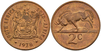 ЮАР 2 цента 1978 герб, антилопа гну KM 83 бронза UNC 67-337