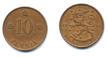 Финляндия 10 пенни 1937 KM 24 медь 51-5555