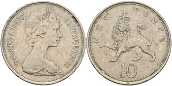 Великобритания 10 пенсов 1968 Елизавета II (1952-2022) KM 912, Spink 4231 (F1) медно-никель 4364-3822