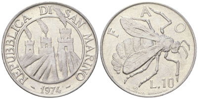 Сан-Марино 10 лир 1974 ФАО, пчела KM 33 алюминий aUNC 4119-315