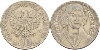 Польша 10 злотых 1968 MW, Николай Коперник KM 51а медно-никель 4542-726