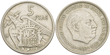 ИСПАНИЯ 5 ПЕСЕТ 1957 (61) ФРАНСИСКО ФРАНКО ДИКТАТОР ИСПАНИИ ( 1939- 1975) KM 786 медно-никель 216-642
