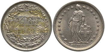 Швейцария 1/2 франка 1969 В KM 23а.1 медно-никель 4532-866