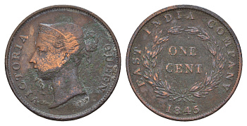 Стрейтс-Сетлментс (Стрейтс Сетлментс) 1 цент 1845 Виктория (1837-1901), год-тип KM 3 медь 4656-251