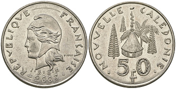 Французская Новая Каледония 50 франков 2003 хижина среди сосен и пальм, (IEOM) KM 13, Schoen 15, Lec 121 никель 111-835