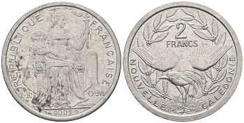Французская Новая Каледония 2 франка 2002 птица кагу, (IEOM) KM 14, Schoen 11, Lec 68g алюминий    28-726