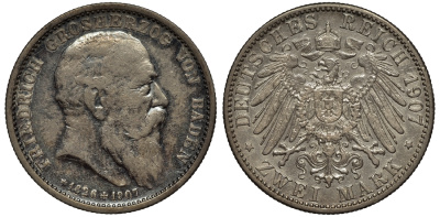 Баден 2 марки 1907 G, на смерть Фридриха I (1856-1907), Weege 36, J. 36, KM 278 серебро 02-264-55