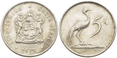 ЮАР 5 центов 1975 герб, райский журавль KM 84 никель 105-1026