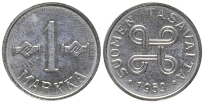 Финляндия 1 марка 1959 KM 36а железо плакированное никелем UNC 100-969