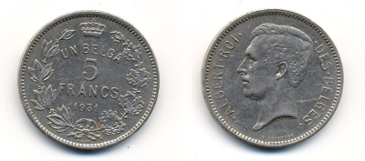 БЕЛЬГИЯ 5 ФРАНКОВ 1931 BELGES KM 97.1 никель 59-436