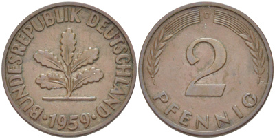 ФРГ 2 ПФЕННИГА 1959 D KM 106, J. 381 бронза 4181-722