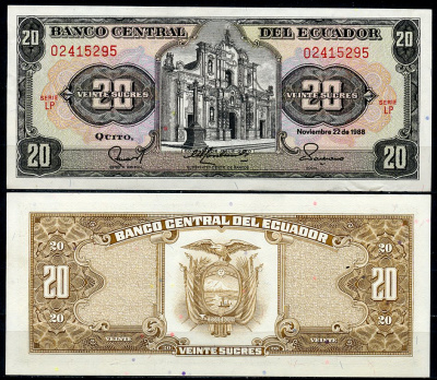 Эквадор 20 сукре 1988 Церковь Общества Иисуса, серия LP Pick 121A a (1)  бумага  UNC (пресс) 447-128-1