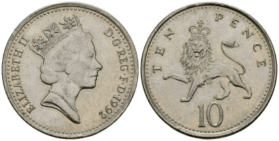 Великобритания 10 пенсов 1992 Елизавета II (1952-2022) KM 938b, Spink 4367 (F4) медно-никель 4167-1247