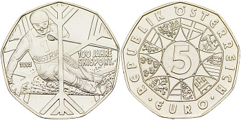 Австрия 5 евро 2005 100 лет спортивным горным лыжам KM 3117 серебро  UNC  1522-1414