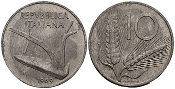 Италия 10 лир 1969 KM 93 алюминий 4138-546