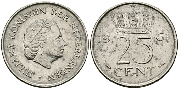 НИДЕРЛАНДЫ 25 ЦЕНТОВ 1961 ЮЛИАНА KM 183 никель 96-146