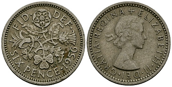 Великобритания 6 пенсов 1956 Елизавета II (1952-2022) KM 903, Spink 4149 медно-никель 4174-132