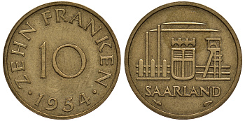 Саарланд 10 франков 1954 индустрия KM 1 алюминиевая бронза 413-4933