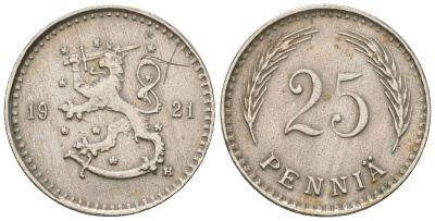Финляндия 25 пенни 1921 H KM 25 медно-никель 4174-927