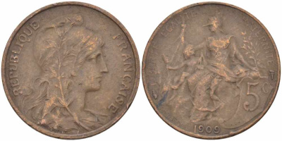 ФРАНЦИЯ 5 САНТИМОВ 1909 ТИП ДАНИЭЛЬ ДЮПЮИ KM 842, LE FRANC 119.20 бронза 108-915