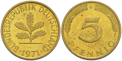 ФРГ 5 пфеннигов 1971 G KM 107, J. 382 сталь плакированная латунью 4514-651