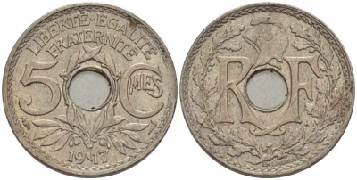 ФРАНЦИЯ 5 САНТИМОВ 1917 ТИП ЛИНДАЙЁ KM 865, LE FRANC 121.1 медно-никель 105-352
