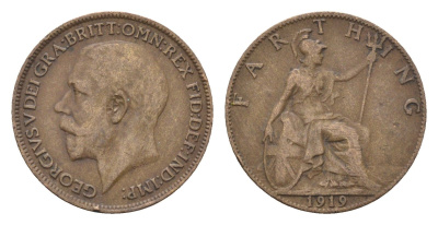 Великобритания 1 фартинг 1919 Георг V (1910-1936) KM 808.2, Spink 4060 бронза 4664-248