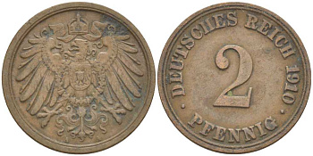 ГЕРМАНИЯ 2 ПФЕННИГА 1910 A KM 16, J. 11, Weege 4 медь 212-342