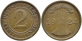 ГЕРМАНИЯ 2 РЕНТЕНПФЕННИГА 1924 A KM 31, J.307 медь 4396-256