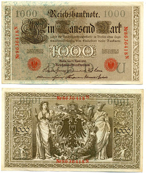 Германия 1000 Марок 1910 21 апреля 1910, Буква U, номер семизначный, серия N, Выпуск (10.1922) Pick 44b, Розенберг 45с бумага 8618-28-1-1