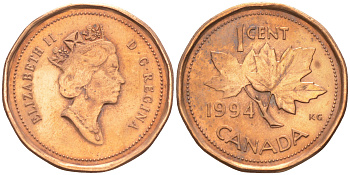Канада 1 цент 1994 Елизавета II (1952-2022), кленовый лист KM 181 бронза 188-769