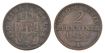 Пруссия 2 пфеннига 1856 A, Фридрих Вильгельм IV (1840-1861) KM 452, Jaeger 51, Olding 336, AKS 91 медь 4651-311