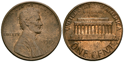 США 1 цент 1985 D, Линкольн KM 201b цинк плакированный медью 4136-258