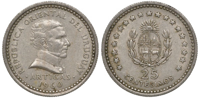 Уругвай 25 сентесимо 1960 KM 40 медно-никель 4169-818
